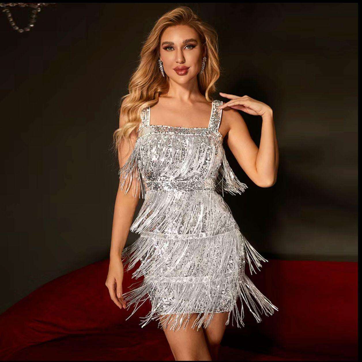 Silver Sequins & Tassels Cami Mini Dress