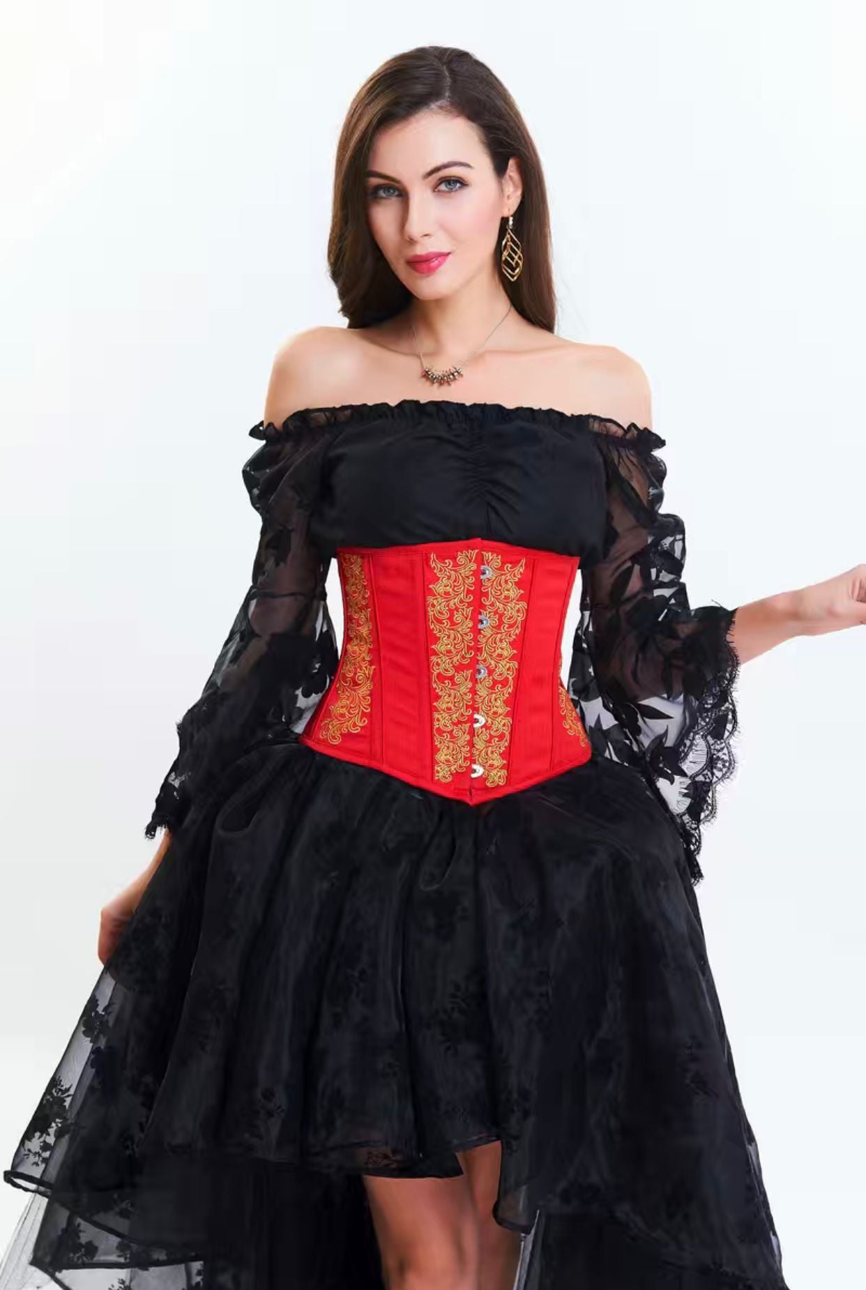 Red Embroidered Strapless Corset Bustier