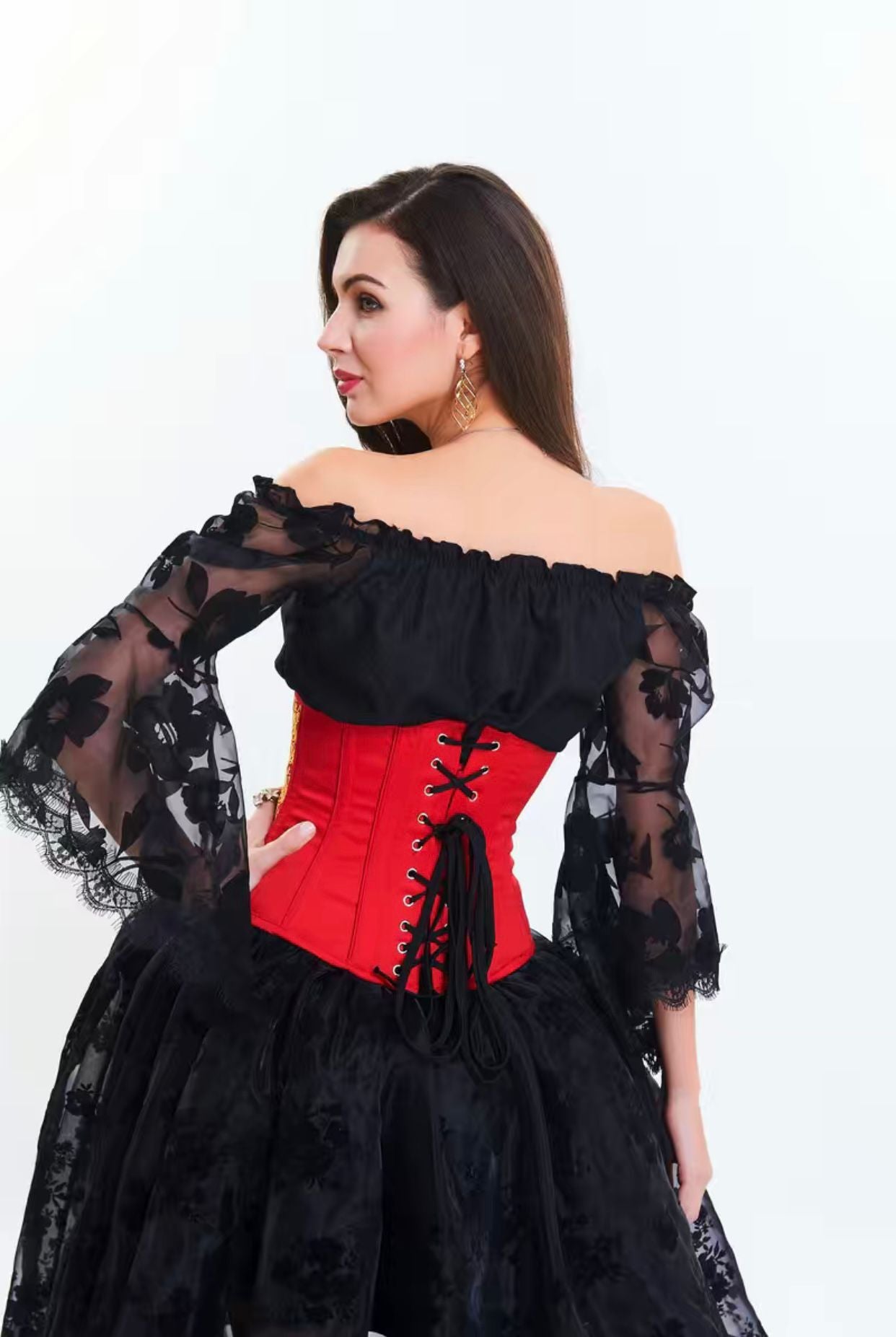 Red Embroidered Strapless Corset Bustier