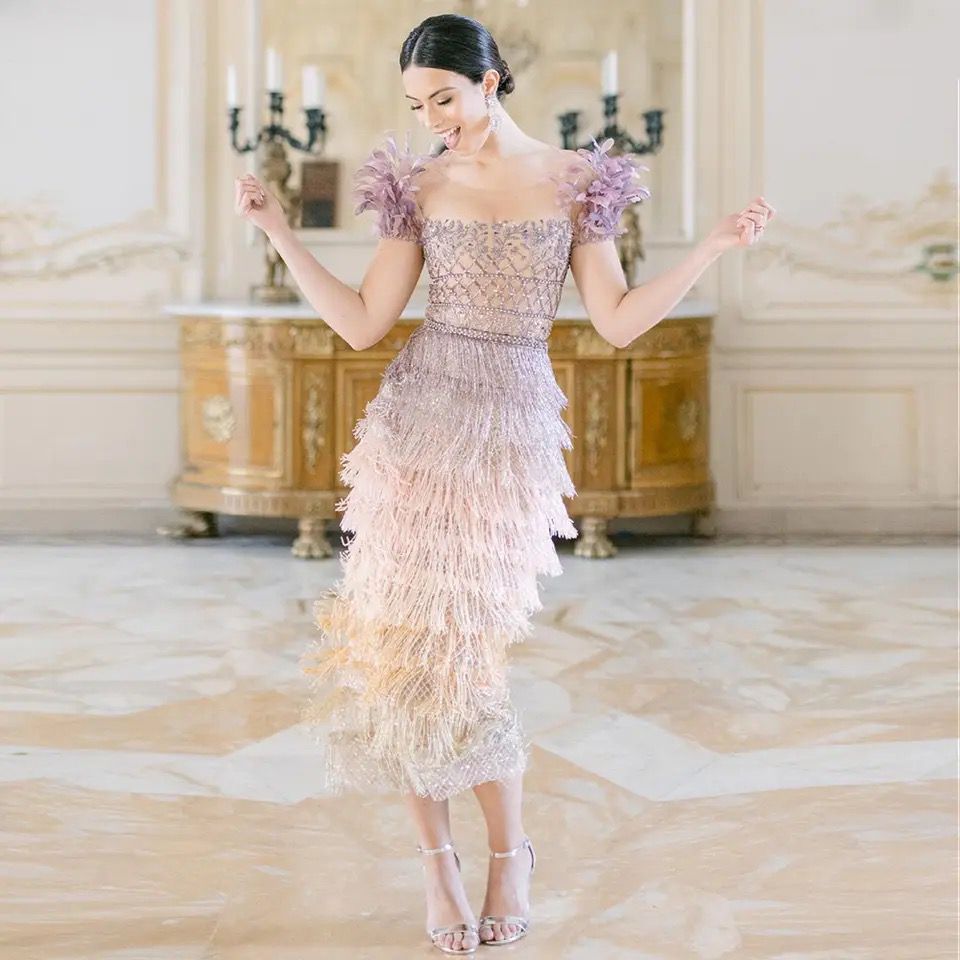 Luxury Lilac Hand Beaded Tassel Midi Dress with Feathered Sleeves