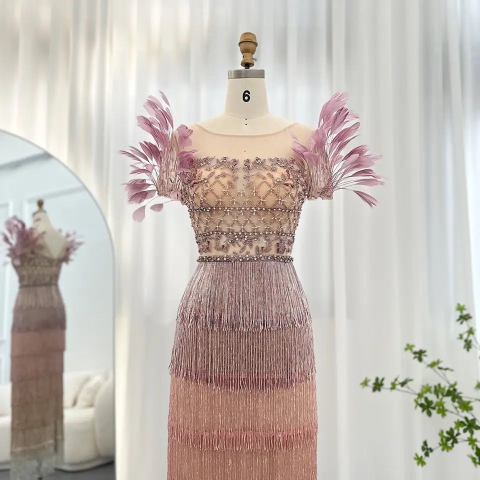 Luxury Lilac Hand Beaded Tassel Midi Dress with Feathered Sleeves
