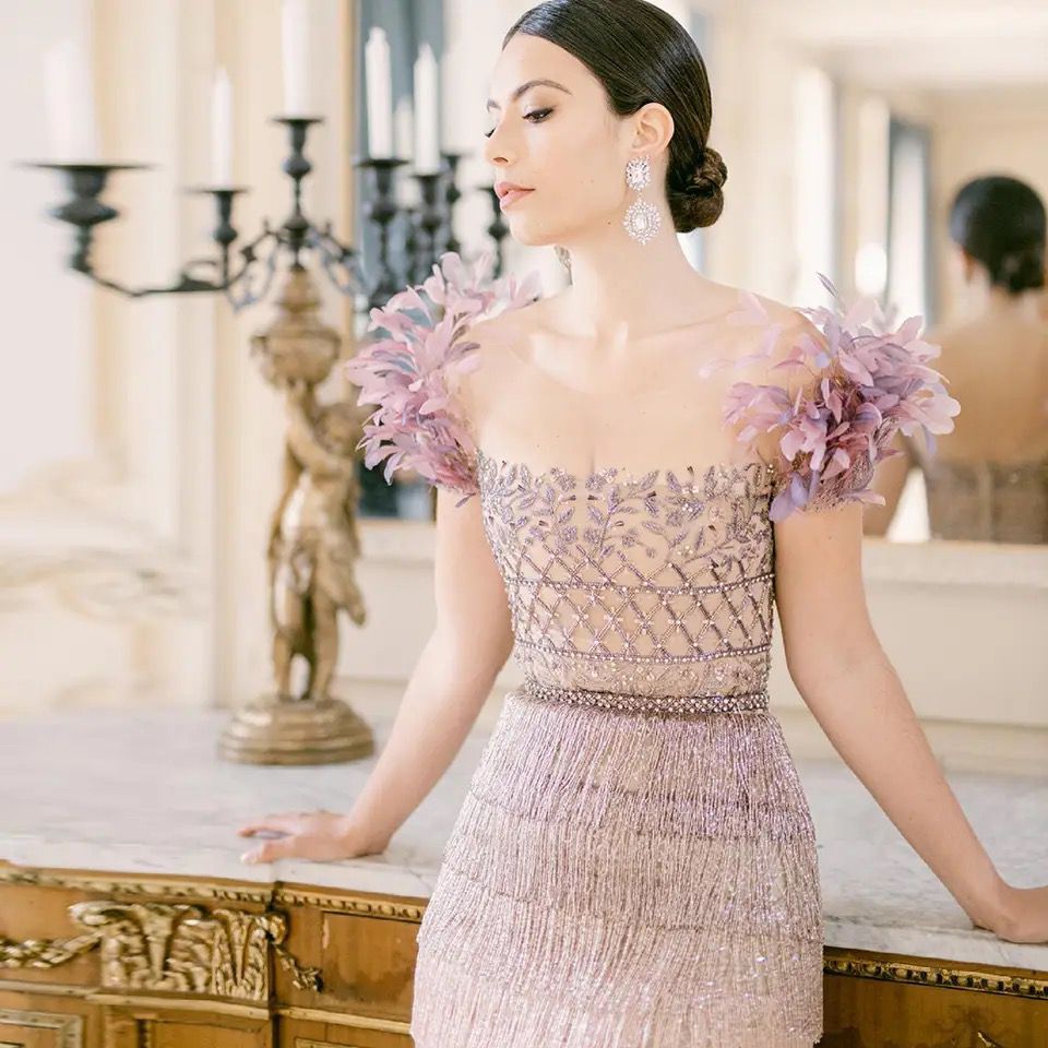 Luxury Lilac Hand Beaded Tassel Midi Dress with Feathered Sleeves