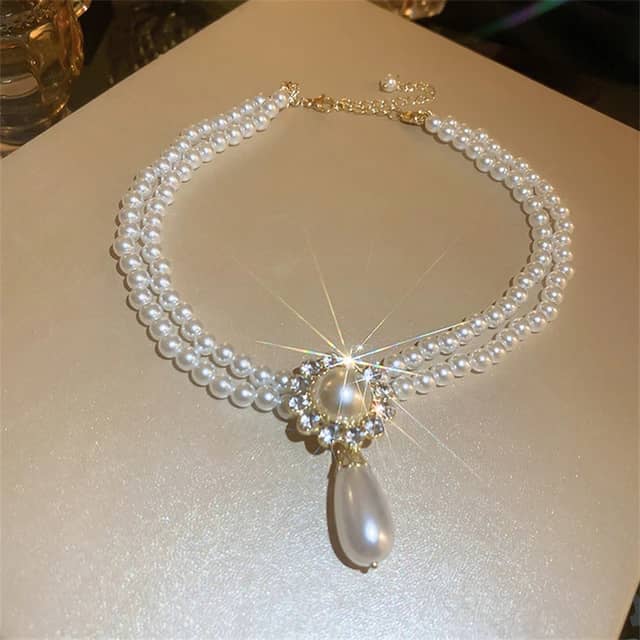 Faux Pearl Water Drop Crystal Choker Necklace