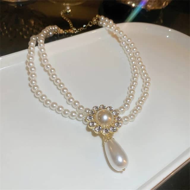 Faux Pearl Water Drop Crystal Choker Necklace