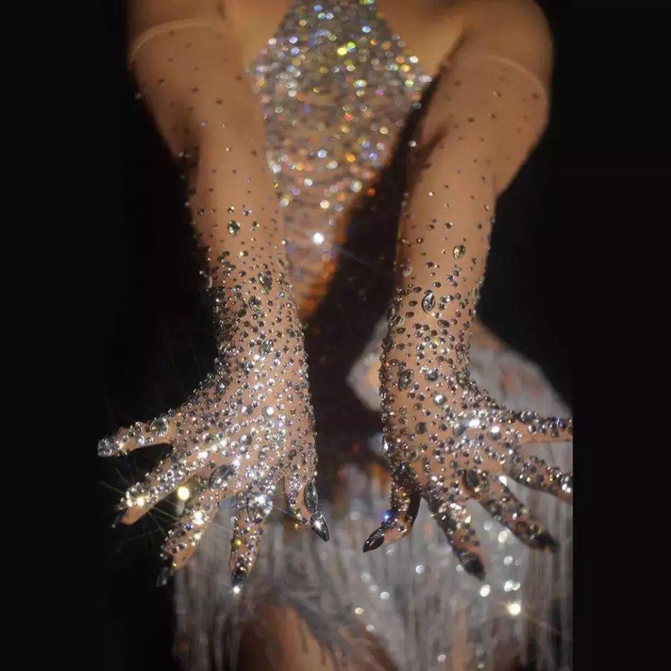 Rhinestones Spandex Elbow Length Gloves/Crystals Embellished Long Mittens