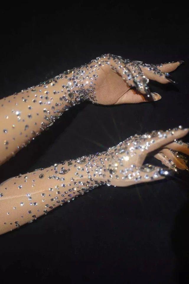 Rhinestones Spandex Elbow Length Gloves/Crystals Embellished Long Mittens