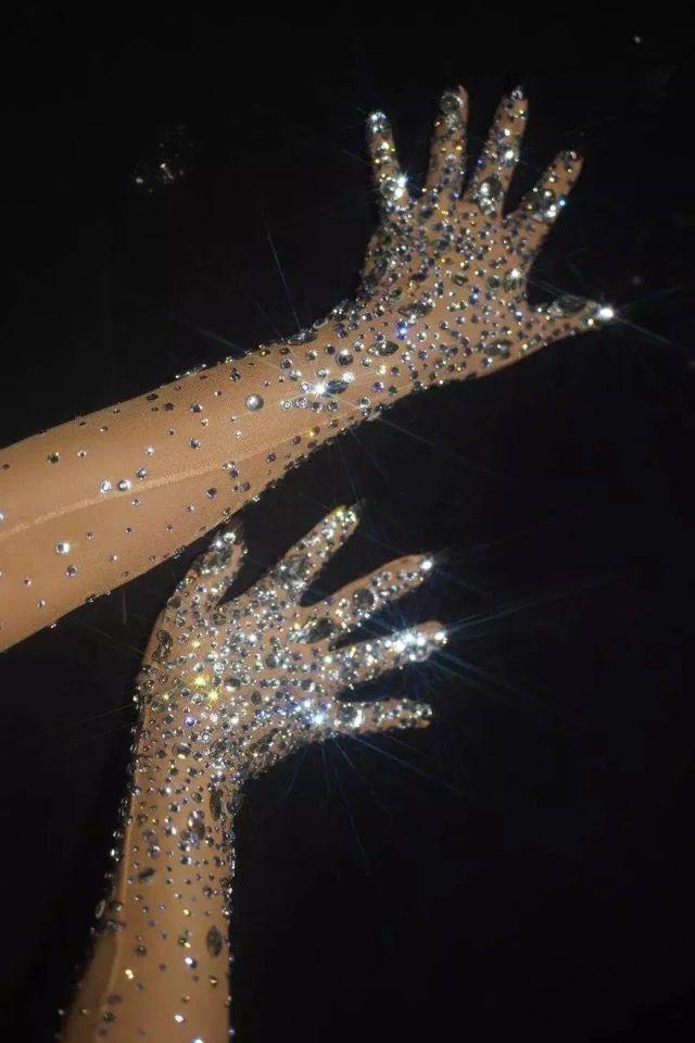Rhinestones Spandex Elbow Length Gloves/Crystals Embellished Long Mittens