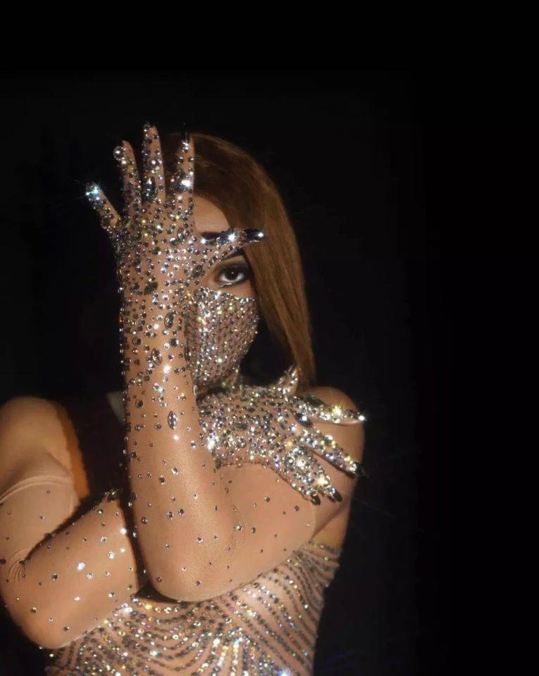 Rhinestones Spandex Elbow Length Gloves/Crystals Embellished Long Mittens