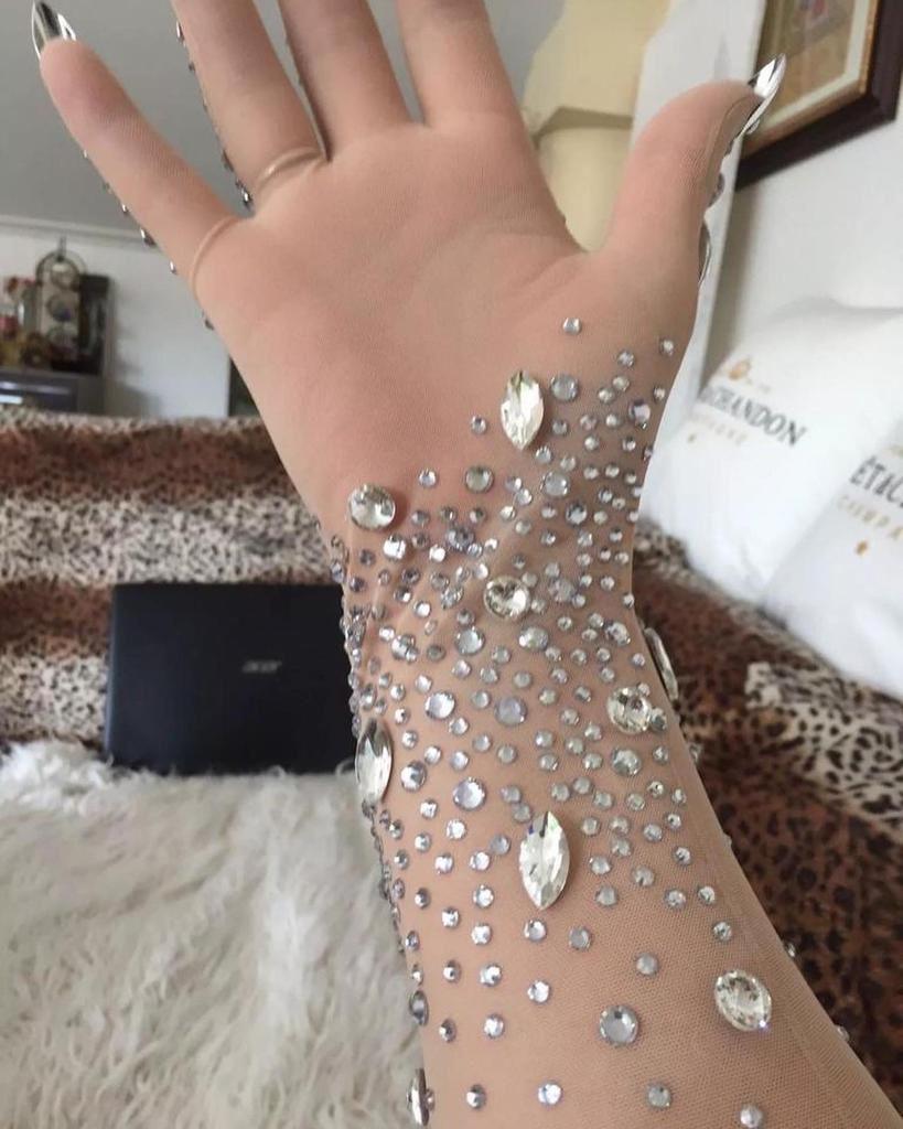 Rhinestones Spandex Elbow Length Gloves/Crystals Embellished Long Mittens