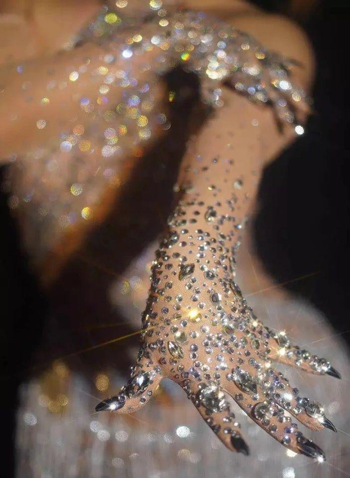 Rhinestones Spandex Elbow Length Gloves/Crystals Embellished Long Mittens