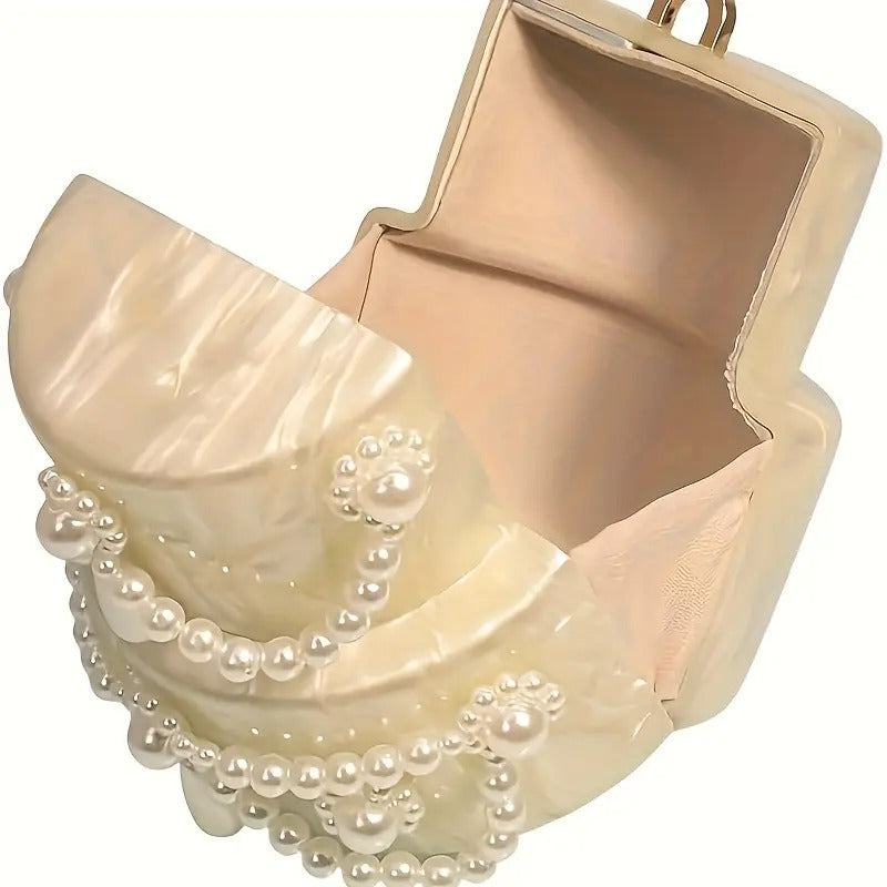 Off-White Cake Shaped Clutch Handbag – Pearl Handle Acrylic Evening Purse, Unique Design, Formal Mini Bag
