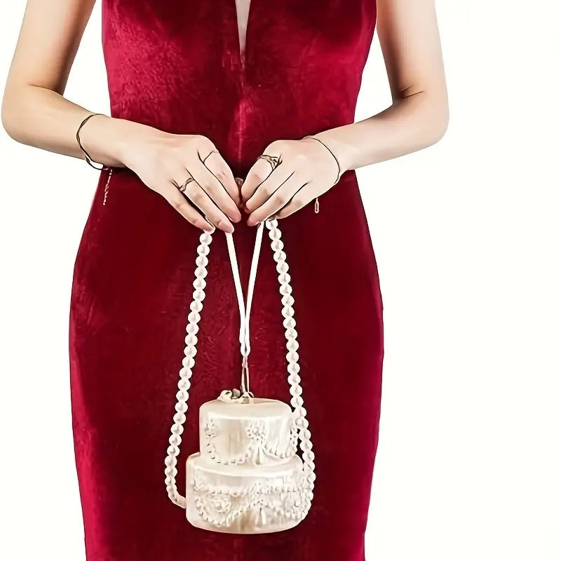 Off-White Cake Shaped Clutch Handbag – Pearl Handle Acrylic Evening Purse, Unique Design, Formal Mini Bag
