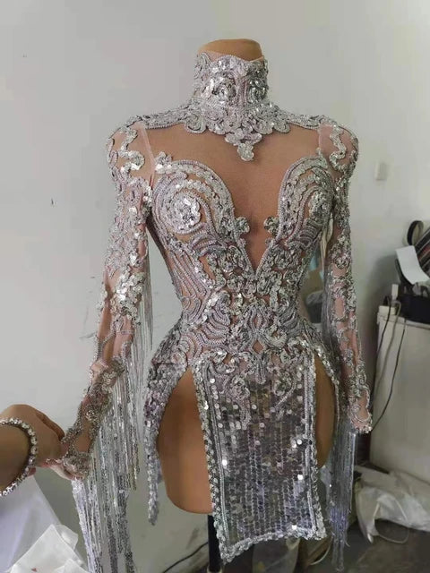 Sparkling Silver Sequins Fringes High Collar Short Dress