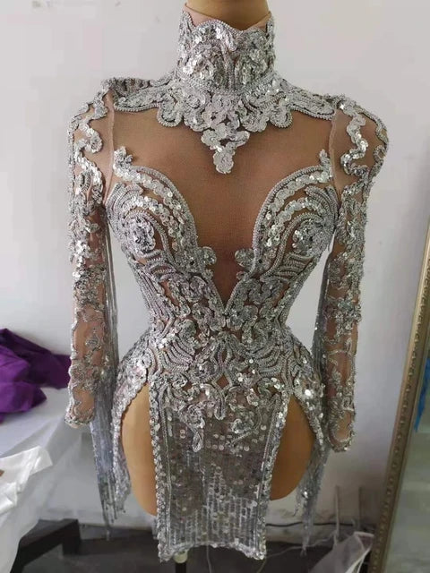 Sparkling Silver Sequins Fringes High Collar Short Dress