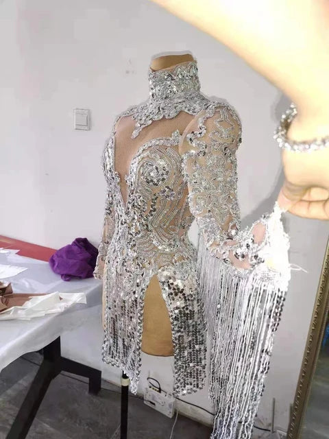 Sparkling Silver Sequins Fringes High Collar Short Dress