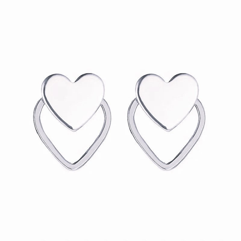 Double Heart Stud Earrings, Silver Plated, Layered Design