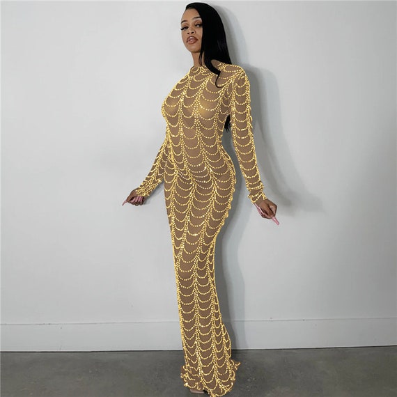 Sparkly Metallic Rhinestone Studded See-through Bodycon Mesh Maxi Party Dress