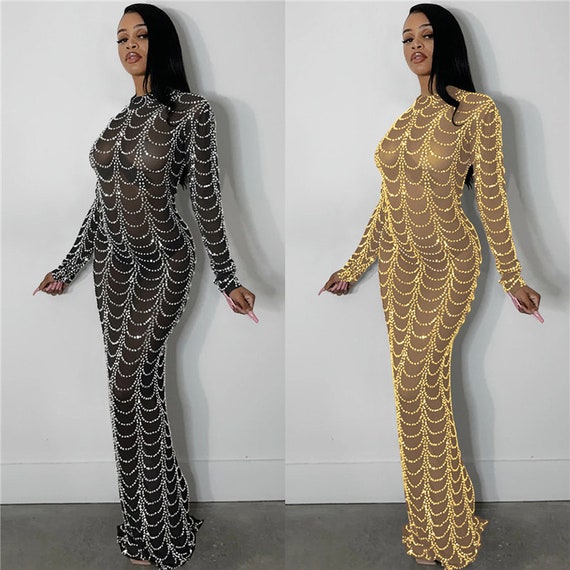 Sparkly Metallic Rhinestone Studded See-through Bodycon Mesh Maxi Party Dress