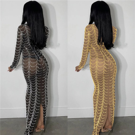 Sparkly Metallic Rhinestone Studded See-through Bodycon Mesh Maxi Party Dress