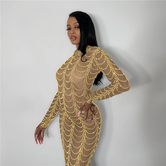 Sparkly Metallic Rhinestone Studded See-through Bodycon Mesh Maxi Party Dress