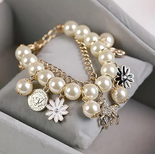 Faux Pearl Multilayer Charm Bracelet