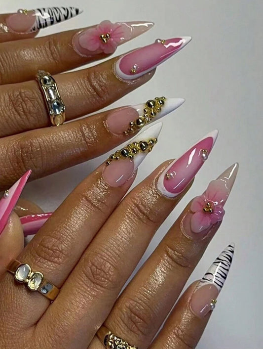 10 PCs Almond-Shaped French Gradient 3D Orchid Gold Pearl Rhinestone Full Cover Handmade 3D Press-On Nail Kit