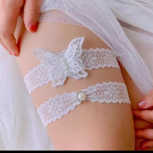 Stretch Lace Bridal Butterfly Garter Set with Pearl Brooch