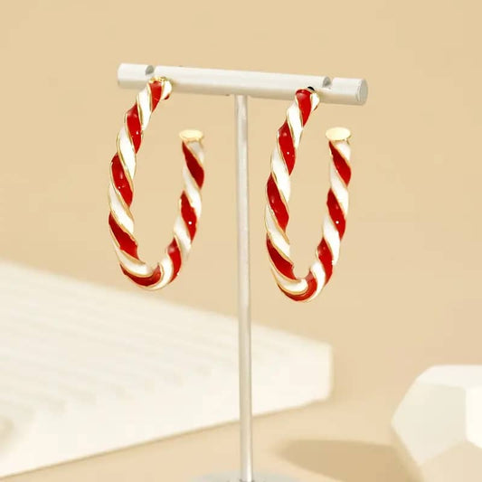 18K Gold Plated Red and White Enamel Holiday Hoops