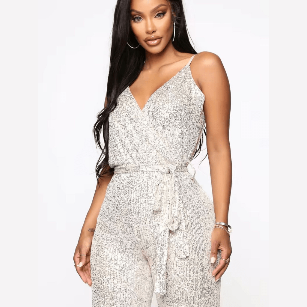 Silver Sequined Belted Jumpsuit
