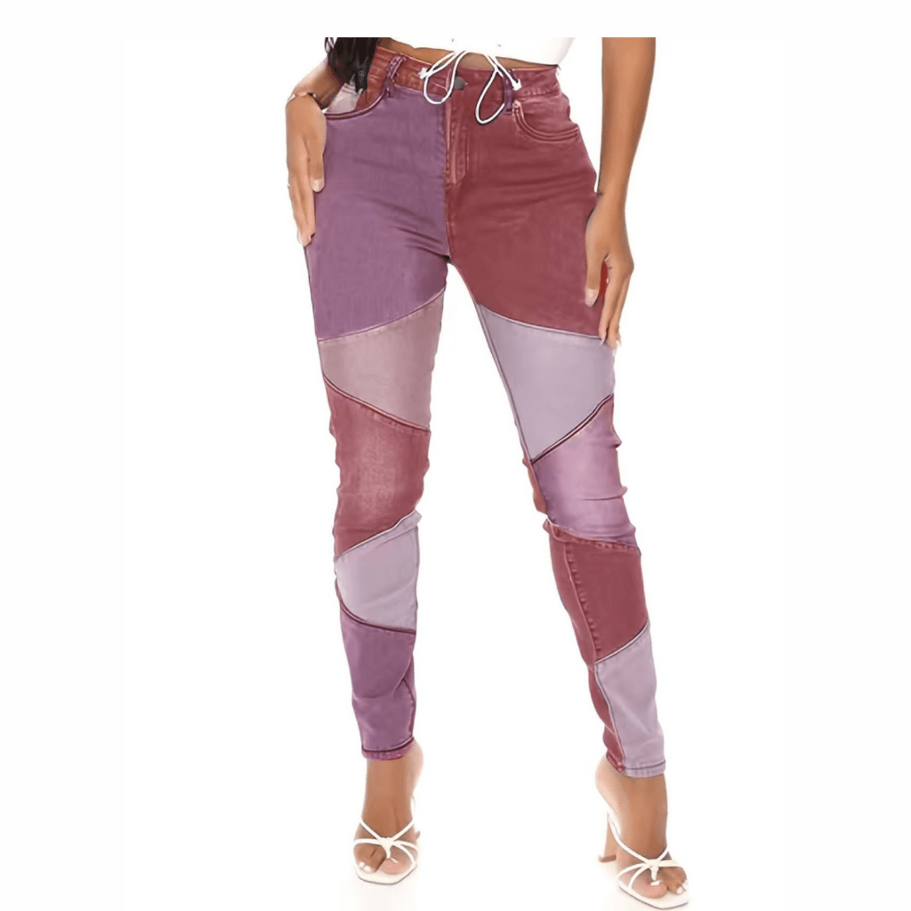 Patchwork Colorblock Mid Waist Denim Pants in Pink