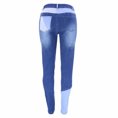 Patchwork Colorblock Mid Waist Denim Pants in Blue