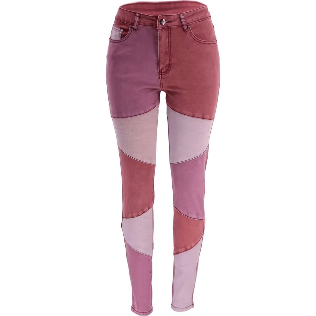 Patchwork Colorblock Mid Waist Denim Pants in Pink