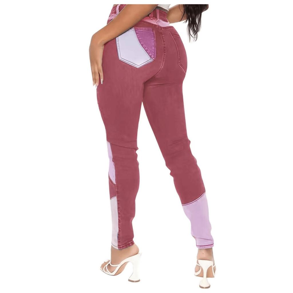 Patchwork Colorblock Mid Waist Denim Pants in Pink