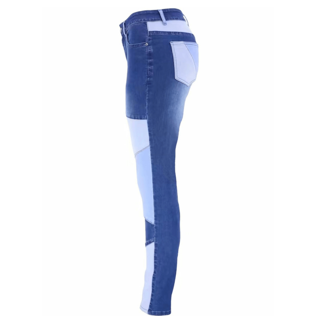 Patchwork Colorblock Mid Waist Denim Pants in Blue