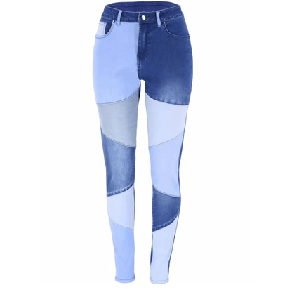 Patchwork Colorblock Mid Waist Denim Pants in Blue