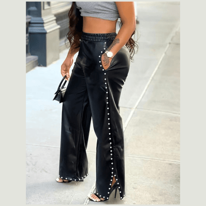 Solid Black Elastic Studded PU Leather Pants