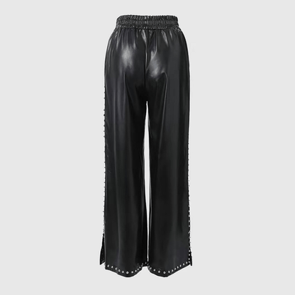 Solid Black Elastic Studded PU Leather Pants