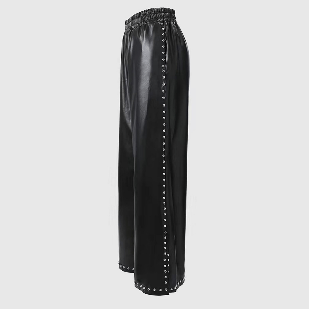 Solid Black Elastic Studded PU Leather Pants