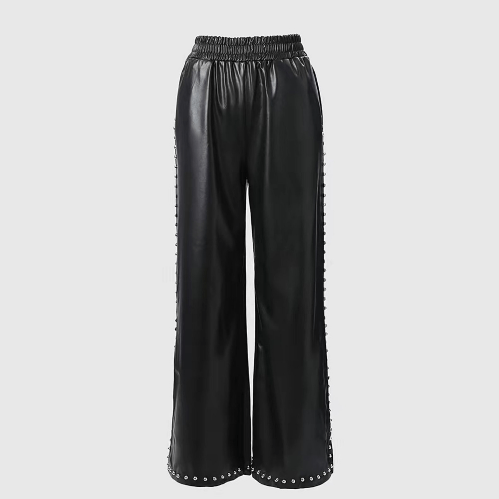 Solid Black Elastic Studded PU Leather Pants