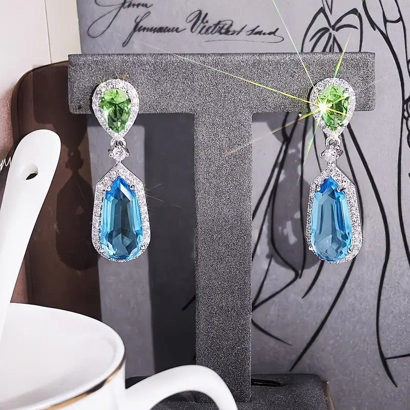 Luxury Geometric Drop Earrings, Green and Sapphire Garnet Crystal, Silver-Tone Dangle