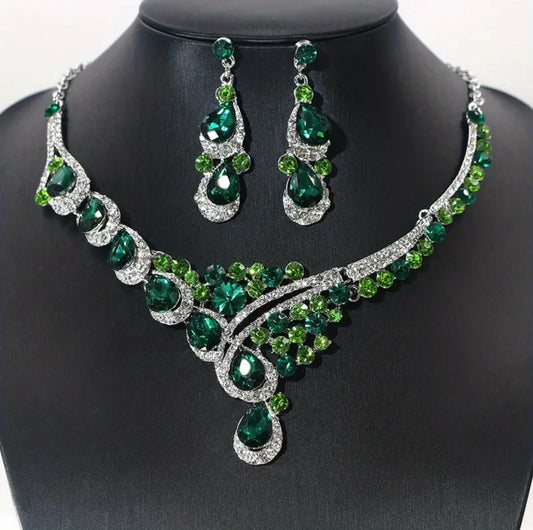 3pcs Colorful Rhinestones Peacock Style Necklace & Earrings Jewelry Set