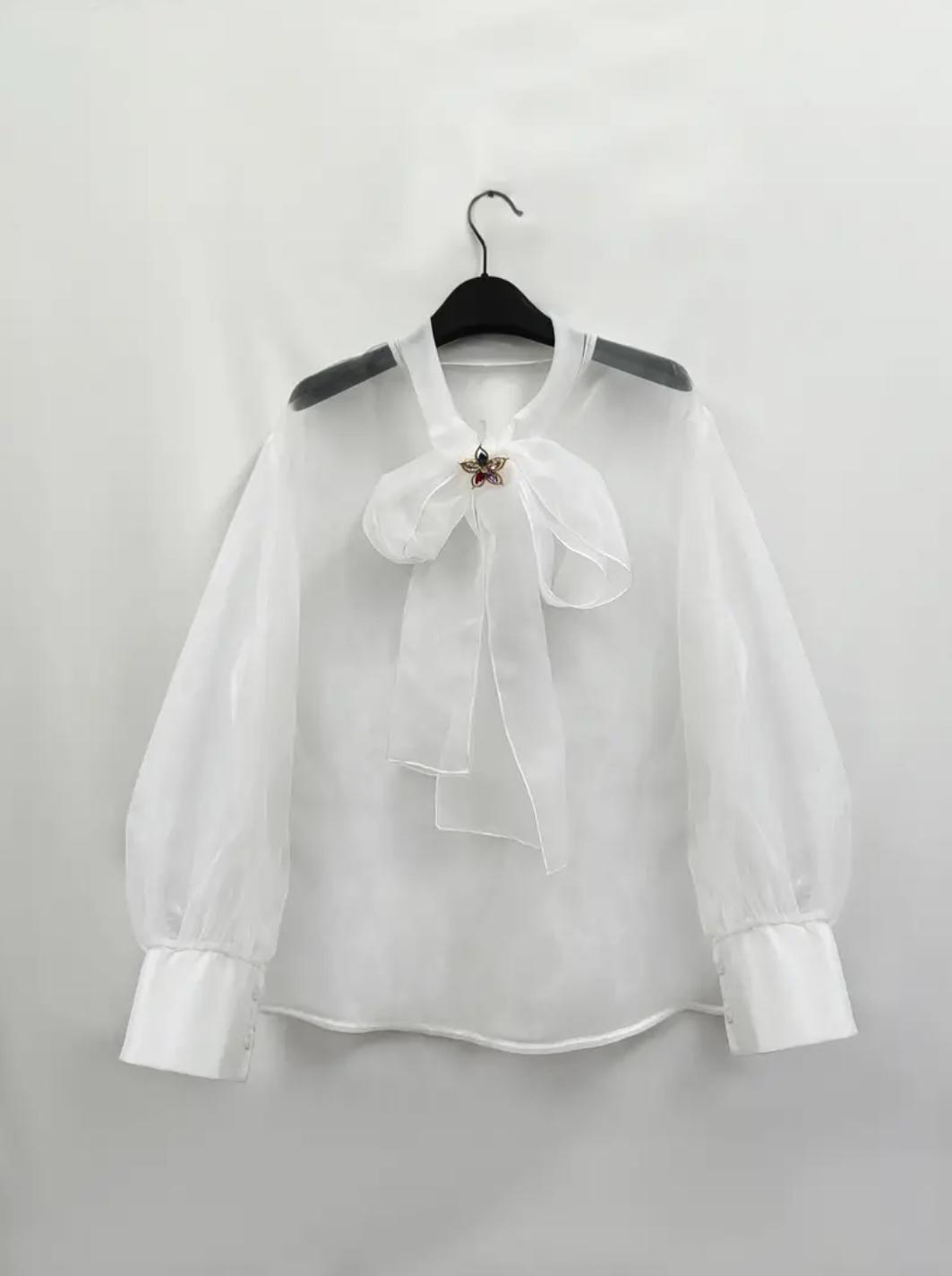 White Plus Size Sheer Tie-Neck Blouse with Brooch