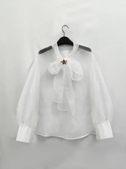 White Plus Size Sheer Tie-Neck Blouse with Brooch