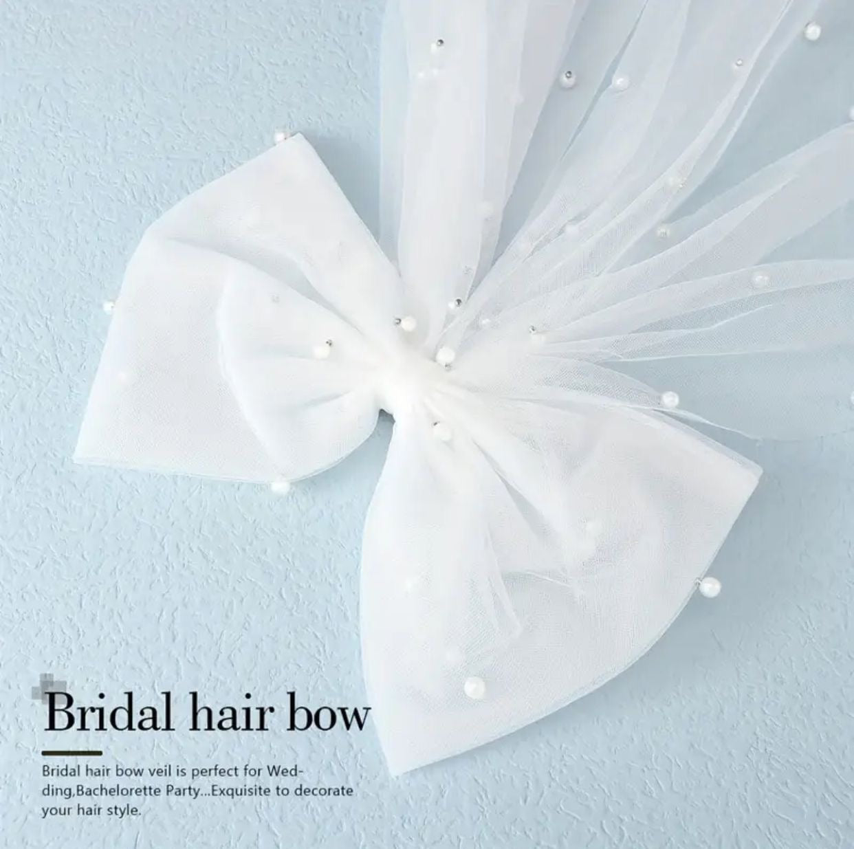 Elegant White Tulle Bow Bridal Veil with Faux Pearls