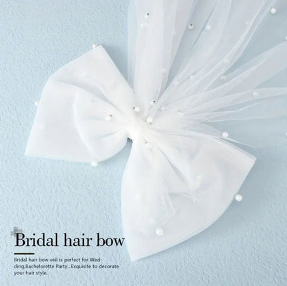 Elegant White Tulle Bow Bridal Veil with Faux Pearls