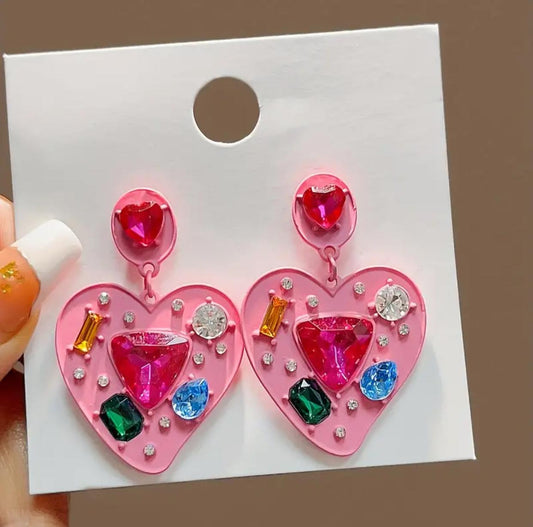 Pink Heart Shaped Earring with Rhinestones