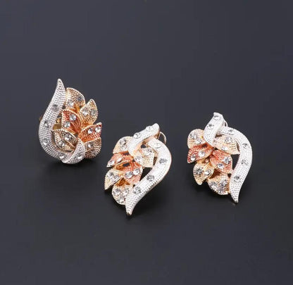 Tri-Color Rhinestone Leaf Design Jewelry Set