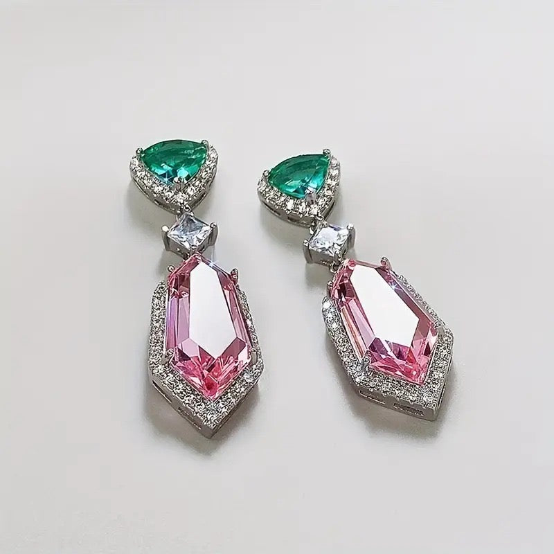 Luxury Geometric Drop Earrings, Green Emerald Pink Crystal, Silver-Tone Dangle