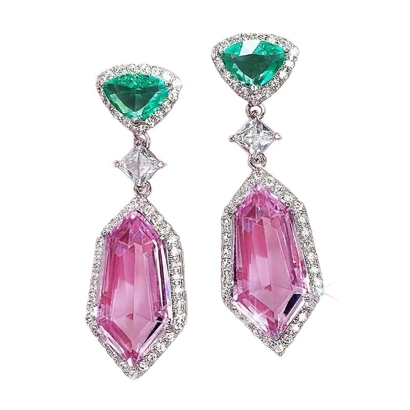 Luxury Geometric Drop Earrings, Green Emerald Pink Crystal, Silver-Tone Dangle