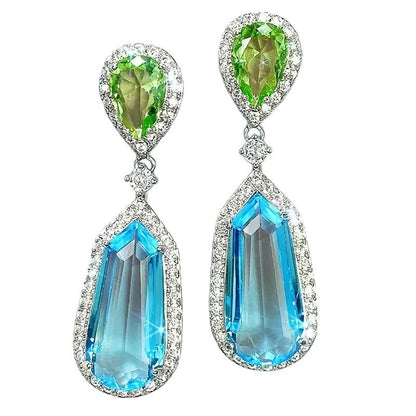 Luxury Geometric Drop Earrings, Green and Sapphire Garnet Crystal, Silver-Tone Dangle